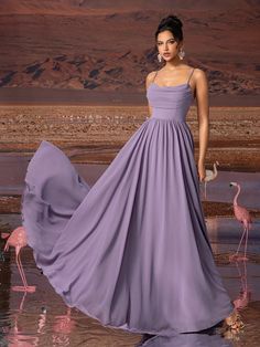 Morado  Collar sin mangas Chifón   Embellished Elástico Ligero Tangled Inspired Bridesmaid Dresses, Classy Purple Dress, Lilac Gown Dress, Light Purple Long Dress, Dusty Purple Dress, Purple Gown, Lavender Bridesmaid Dresses, Lace Evening Gowns, Purple Midi Dress