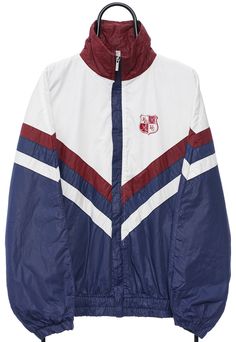 Navy, maroon and white colourblock jacket with BR HC crest on the chest and Hotel sponsor on the rear. Size (Approx. in: cm: Pit to Pit: 69, Length: 72 ) White Collegiate Track Jacket For Winter, Vintage White Outerwear For College, Vintage White College Outerwear, White Collegiate Long Sleeve Track Jacket, Navy Jacket, Fleece Coat, Blue Tshirt, Logo Color, Vintage Nike