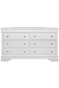 a white dresser with six drawers and two doors on the top, in front of a white background