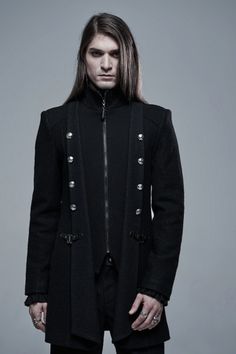 Men's Party Outfits High Neck Coat, Gothic Jackets, Gothic Men, Black Studs, Elegant Coats, Garment Fabric, Victorian Clothing, Punk Outfits, Super Cute Dresses