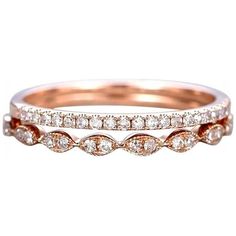 two rose gold wedding bands with diamonds on each band, set against a white background