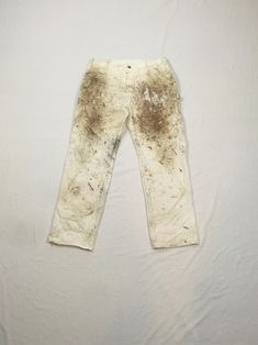 vintage Dickies painter's pants white cotton w/lots of work stains as found  authentic paint splatter/work worn smaller than label tag-see below measures, lying flat, waist-18 1/2 inseam-31" hem-9" outseam-43" hip-24" White Bleached Straight Leg Bottoms, White Bleached Cotton Jeans, Distressed White Cotton Bottoms, Fitted Cotton Bottoms With Paint Splatter, Paint Splatter Pants, Dickies Painter Pants, Dirty White, Painters Pants, Vintage Dickies