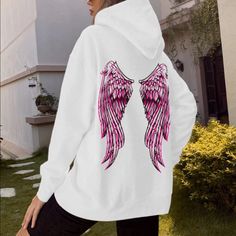 White Angel Wings Hoodie 40% Cotton, 60% Polyester Ships In 4-7 Days If You Like: Fall Winter Work Wear Boho Office Casual Dressy Zara Free People Beach Anthropologie Anthro Nike Madewell Lulus Nike Reformation Wedding Revolve Levis H&M Michael Kors Kate Spade American Eagle Gypsy Spell Arnhem The North Face Columbia - Shop My Boutique! Note: Label Reads Letter Sizes S = 2/4 M = 6 L = 8/ White Long Sleeve Hoodie For Loungewear, Oversized Hooded White Top, Oversized White Hooded Top, White Graphic Print Hoodie For Loungewear, Trendy White Hoodie For Loungewear, White Hoodie With Letter Print For Loungewear, White Graphic Print Hoodie For Fall, Fall White Graphic Print Hoodie, White Hoodie For Fall Loungewear