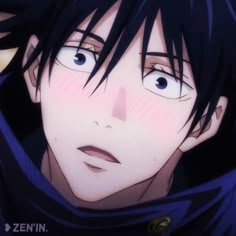 an anime character with black hair and blue eyes looking at the camera while wearing a hoodie