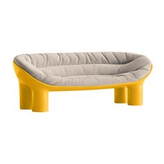 a yellow and gray dog bed on a white background