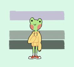 a cartoon frog wearing a yellow jacket and red shoes standing in front of a wall