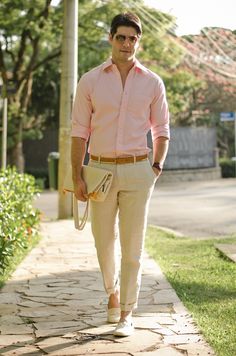 Peach Outfit Ideas Men, Semi Casual Men Outfits Wedding, Peach Shirt Outfit Men, Men Formal Outfit Classy, Khaki Outfit Men, Fashion Outfits For Men, Mens Formal Outfits, Pink Shirt Men, Blue Pants Men