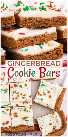 gingerbread cookie bars with white frosting and sprinkles on top are shown