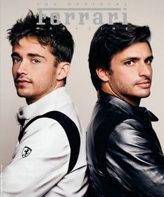 two men in leather jackets are posing for a magazine cover shot together, one is wearing a black jacket and the other wears a white shirt