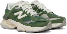 Low-top paneled pigskin suede and mesh sneakers in green. Logo embroidered at inner side and heel. · Logo embossed at toe · Lace-up closure · Rubberized logo patch at padded tongue · Padded collar · Logo appliqué at outer side · Transparent CR device at counter · Jersey lining · ABZORB® and SBS foam rubber midsole · Treaded rubber outsole Supplier color: Nori/Slate grey Green High-top Sneakers With Logo Patch, Green Suede Sporty High-top Sneakers, Green Leather Sporty Sneakers, New Balance Green Sneakers For Streetwear, Green High-top Sneakers With Translucent Outsole, Green New Balance Sneakers For Streetwear, Green Leather Sneakers For Sports, Green Suede Sneakers With Round Toe, Green Mesh Sneakers With Rubber Sole