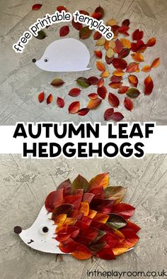 an autumn leaf hedgehog craft made out of leaves and paper with text overlay