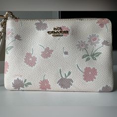 Coach Small Wristlet With Floral Print - New Without Tags Polished Pebble Leather Two Credit Card Slots Zip-Top Closure, Fabric Lining Detachable Wrist Strap 6 (L) X 4 3/4" (H) X 1/2" (W) Planner Wallet, Small Wristlet, Coach Clutch, Polished Pebble, Bags Coach, Floral Embroidered Dress, Wristlet Clutch, Black Leather Bags, Signature Print