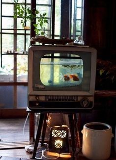 an old tv sitting on top of a wooden stand next to a potted plant