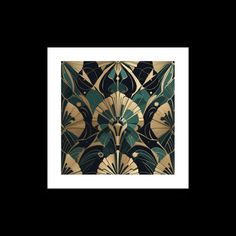 an art deco design with green and gold colors on black background, framed in white frame