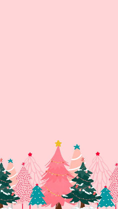 a pink christmas card with trees and stars on the bottom, in front of a pink background