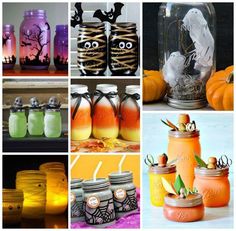 there are many different jars with halloween decorations in them