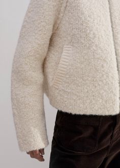 Women's Cream Chunky Wool Bouclé Knit Bomber | ME+EM White Chunky Knit Wool Outerwear, White Wool Knitted Outerwear, White Knitted Wool Outerwear, White Wool Knit Outerwear, Cozy Cream Merino Wool Outerwear, Cozy White Merino Wool Outerwear, Cream Merino Wool Winter Outerwear, Cream Merino Wool Outerwear For Winter, Cream Knitted Wool Outerwear