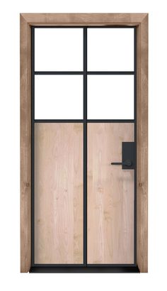 Can't make up your mind between a solid wood door and a steel door for your home's kitchen, office, or bathroom? Choose the best of both worlds with the Banquet Interior Door from Rustica. This door adds a unique twist to more traditional interior doors, creating somewhat of a statement piece that's also functional. With its wood bottom and eye-catching metal accents and frame, the Banquet Interior Door stands apart. Its four equal glass squares stream natural light throughout a space, making it Traditional Interior Doors, Entrance Door Design, Solid Wood Doors, Pivot Doors, Door Kits, Barn Door Hardware, Metal Door, Steel Doors, Wood Screws