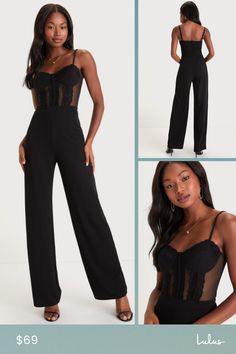 The Lulus Perfectly Sultry Black Sheer Mesh Bustier Wide-Leg Jumpsuit is ready to help you create a look that is flawlessly flirty! This alluring jumpsuit starts with sheer mesh fabric that shapes a sweetheart neckline and a bustier-inspired bodice with padded cups, corset-style seams, and floral lace accents throughout, all supported by adjustable spaghetti straps. The high, banded waist tops wide pant legs (composed of stretchy crepe knit) that fall to ankle-length hems. Hidden back zipper/cla Elegant Party Corset With Lined Body, Elegant Spaghetti Straps Corset For Date Night, Chic Bodysuit With Built-in Bra For Evening, Chic Backless Corset With Built-in Bra, Sheer Sleeveless Corset For Party, Flirty Spaghetti Strap Corset For Party, Sheer Corset For Summer Parties, Elegant Corset With Sheer Bodice And Spaghetti Straps, Elegant Sheer Corset With Spaghetti Straps