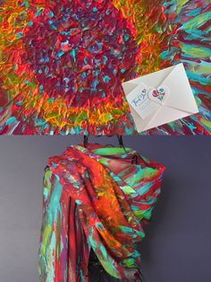 This design is a large abstract flower bursting with reds burgundy, teals, greens and a bit of yellow and is one of my best sellers. This is a custom print from my original painting Flower Power - one day you will look back and see all along you were blooming. FABRIC and STYLING:  85% Modal 15% Silk - A luxurious blend of natural fabrics which is light enough to wear as a summer shawl and cozy enough to wrap around your neck in the winter. My scarves are the perfect weight and length to wear in Abstract Scarf, Abstract Floral Design, Unique Scarf, Floral Silk Scarf, Painting Flower, Designer Scarves, Abstract Flower, Gifts For An Artist, Silk Painting