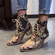 Lasaky - Silk Embroidered High-Heeled Ankle Boots with Chunky Heels, Pointed-Toe, and Lace-Up Design Mexican Boots Outfits, Women Chelsea Boots, Mexican Boots, Pointed Ankle Boots, Boots Outfits, Mid Boots, Chelsea Boots Women, Winter Ankle Boots, Red Heels