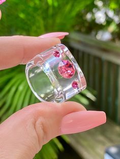 Pretty in pink Crystal Lucite Cube Ring! ♡ This Trendy ring is handcrafted on a geometric cube shaped clear Luicte setting, while embellished with genuine light rose Pink Swarovski crystal gemstones.  The quality in craftsmanship that went into creating this ring truly showcases itself as art at your fingertips while worn.  This ring is lightweight, comfortable to wear and perfect for styling up with any look from day into night.  Each crystal is hand set with the strongest bond adhesive and crafted with the highest quality in materials and craftsmanship guaranteed by Lara Glam Jewelry. ♡ This ring looks and sparkles even more beautifully in person and is the perfect accessory for any occasion.  This ring is also available in black acrylic. Visit our Etsy shop for matching styles.  M O R E Rings Acrylic, Pink Rings, Pink Gemstone Ring, Acrylic Rings, Glam Jewelry, Christmas Ring, Rings Crystal, Jewelry Chunky, Acrylic Ring