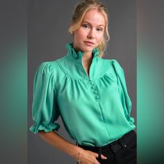 Umgee U.S.A Scalloped High Neck Button Top Brand New With Tags! Size - Medium Retail $60 Color - Jade - I Feel Like The Stock Photos Are Reading More Green When The Color Is A True Teal/Turquoise A Gorgeous And Chic Top With Short, Frilled Sleeves, A High Neck Top With Scalloping Detail, And Top Button Closure Detailing. Green Button Closure Blouse For Office, Green Office Blouse With Button Closure, Green Office Tops With Button Closure, Chic Green Tops With Button Closure, Fitted Green Blouse With Button Closure, Trendy Green Blouse With Buttons, Trendy Green Tops With Button Cuffs, Solid Blouse With Snap Buttons For Spring, Trendy Workwear Blouse With Snap Buttons