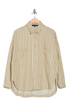 Vertical stripes add a polished look to this button-up shirt featuring a classic spread collar, chest patch pockets and a high-low hem. 28" length Front button closure Spread collar Long sleeves Chest button-patch pockets 100% lyocell Machine wash, line dry Imported Striped Oversized Button-up Blouse, Oversized Striped Button-up Blouse, Casual Shirt With Vertical Stripes And Shirttail Hem, Oversized Button-up Blouse With Vertical Stripes, Spring Shirt With Vertical Stripes And Shirttail Hem, Casual Tops With Vertical Stripes And Shirttail Hem, Spring Striped Shirt With Button Closure, Fall Button-up Shirt With Striped Collar, Fall Button-up Shirt With Vertical Stripes