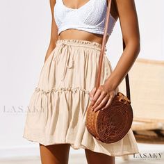 Lasaky - Ruffle Trim Drawstring Skirt: A Chic and Fashionable Addition to Womens Casual Spring and Summer Wardrobe Media Cola, Short Summer Skirts, Skirt Flowy, Skirts Flowy, Short Pollera, Ruffled Mini Skirt, Mini Skater Skirt, Maxi Dresses Fall, Half Skirt