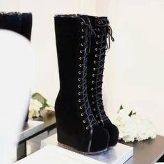 Women's Wedge Lace Up Boots, Knee High, Size 7, Black. New, Never Worn. Thigh High Black Lace Up Boots, Slingback Chanel, Espadrilles Chanel, Lace Up Knee High Boots, Bad Kitty, Goth Shoes, Lace Up High Heels, Prom Heels, Platform Wedge Heels