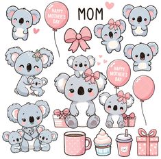 a set of cute koalas with balloons and gifts for mother's day