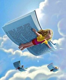 a woman is flying through the air with an open book above her head and two birds in the sky