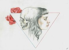 a drawing of a woman with a skull on her head and roses in the background