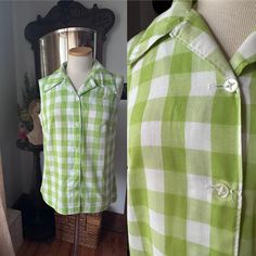 1970s Green Gingham Blouse, 70s Green Shirt, 1960s Green Gingham Blouse, Vintage Summer Shirt, 70s Casual Blouse, Button Down Shirt, Spring Sweet green gingham blouse. This looks to be masterfully handmade. No tags inside. The style of this shirt could be from the 1960s to 1970s era. Such a lovely spring through summer blouse. Overall, excellent vintage condition with no glaring flaws.  Measurements - - -  Bust: Waist: Length from top of shoulder to hem: All sales are final. Vintage Plaid Spring Tops, Vintage Plaid Top For Spring, Retro Plaid Tops With Buttons, Vintage Gingham Blouse For Spring, Spring Vintage Gingham Blouse, Retro Plaid Collared Tops, Retro Plaid Shirt For Summer, Vintage Gingham Summer Blouse, Vintage Gingham Blouse For Summer