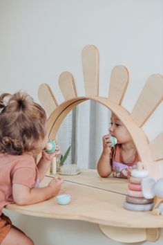 Introducing our 'Sunshine' Wall-Mounted Kids Table - a space-saving solution designed to brighten up your child's play area! ☀️ This charming set provides a dedicated space for creativity and learning while keeping the floor free for play. The accompanying toddler-sized chair ensures comfort and ergonomic support. Transform any room into a vibrant learning hub with this delightful table and chair set! 🎨📚 #KidsFurniture #ToddlerTable #SpaceSavingSolution Natural Wood Mirror, Wooden Height Chart, Room Mirror Ideas, Montessori Table, Montessori Bookshelf, Wall Mounted Table, Montessori Method, Yellow Mirrors, Toddler Table