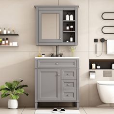 a bathroom with a toilet, sink, and mirror in grey color scheme on the wall