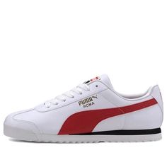 Male PUMA Roma Sports Casual Shoes 'White Red' 369571-11 (SNKR/Retro) Classic Low-top Puma Sneakers, Puma Logo Sneakers For Jogging, Retro Low-top University Red Sneakers, Retro University Red Low-top Sneakers, Sports Slip-on Sneakers With Red Sole, Classic Puma Sneakers With Round Toe, Casual Sneakers With Red Sole For Sports, White Leather Running Shoes For Jogging, Sporty White Sneakers With Red Sole