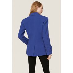 Blue wool blend (47% Wool, 42% Polyester, 9% Lyocell, 2% Spandex). Blazer. Long sleeves. Collar. Front button closure. 29" from shoulder to hemline. Imported. Fitted Outerwear With Structured Shoulders For Business Casual, Blue Wool Blazer With Button Cuffs, Spring Fitted Outerwear With Structured Shoulders, Spring Outerwear With Structured Shoulders, Fitted Structured Outerwear With Button Cuffs, Fitted Outerwear With Structured Shoulders For Office, Fitted Structured Outerwear For Office, Fitted Blue Blazer With Button Cuffs, Chic Blue Blazer With Button Cuffs