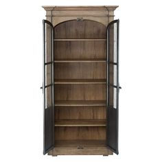 a wooden bookcase with glass doors on the top and bottom shelves, in front of a white background