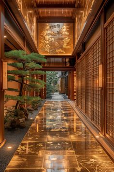 A plated indoor pathway leads to the courtyard. It has Japanese art wall designs at the top and a small garden on the left. Japanese Entrance Hall, Art Moderne Interior, Luxury Wall Design, Fantasy Interior Design, Chinese House Interior, Interior Design Japanese, Japanese Courtyard, Chinese Interior Design