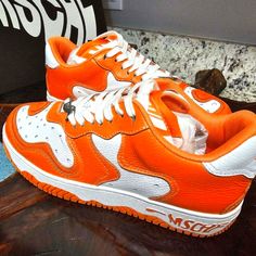 Brand New Limited Edition Shoes From Art House Mschf Custom Orange Leather Sneakers With Laces, Orange Leather Custom Sneakers, Custom Orange Sneakers With Laces, Custom Orange Sneakers With Round Toe, Gray Vans, Nike Skateboarding, Skechers Sneakers, Limited Edition Shoes, Black Converse