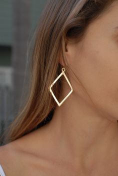 "》D E T A I L S《 ✦ M E T A L : 18k Gold Plated ✦ Earwires are gold vermeil (Gold plated over Sterling Silver) 》✦ S A V E * B U Y * M O R E ✦《 Use the code \"MARESIA2\" and get 10% OFF when you buy 2 items. Use the code \"MARESIA3\" and get 15% OFF when you buy 3 or more items. 》 P A C K A G I N G 《 Your jewelry will be nicely packaged. If one or more items are gifts, please leave us a note at checkout and we'll pack them separately. We would be happy to send your personal note with it. 》 O U R * Diamond-shaped Gold Jewelry For Party, Gold Diamond-shaped Party Jewelry, Gold Diamond-shaped Jewelry With Matching Earrings, Elegant Single Diamond-shaped Earring, Diamond-shaped Pierced Jewelry Gift, Minimalist Diamond-shaped Earrings For Gift, Diamond-shaped Earrings With Ear Wire For Gifts, Gift Diamond-shaped Earrings With Ear Wire, Rectangle Earrings