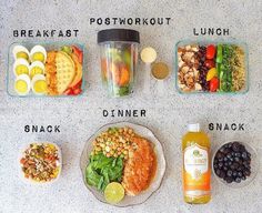 the ingredients for a healthy meal laid out on a counter top, including fruit and vegetables