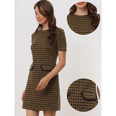 If you're looking for a dress that flatters your figure and is perfect for the office, this sheath dress with a slim silhouette in a plaid print is a great choice. The classic patterns of the Houndstooth dress are timeless and stylish, and the slim silhouette will show off your shape. Pair the dress with a black handbag for a sophisticated and stylish impression, and complete the look with heels for a vintage and chic vibe that's perfect for work, daily errands, or weekend events. Plaid Office Dress, Fitted Tweed Office Dress, Elegant Plaid Dress For Work, Plaid Dress For Office, Knee-length Houndstooth Office Dress, Knee-length Houndstooth Dress For Office, Elegant Plaid Tweed Office Dress, Elegant Plaid Tweed Dress For Office, Houndstooth Mini Dress For Work