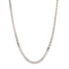 Platinum Chain by Jewelove Unisex Platinum Chain for Men & Women Crafted in Platinum. The is made in 95% pure platinum and hallmarked with Pt 950 for platinum purity. Metal : Platinum Platinum Purity : 95% Purity Mark : Pt 950 Finishing : Hi-polish Width : 2.25mm Length : 16 / 18 / 20 / 22 / 24 inches (as selected above) Estimated Platinum Weight : 8.67 grams (in 18 inches) Certificate of Authenticity : Platinum Guild International White Gold Cuban Link Chain Necklace With Polished Finish, White Gold Wheat Chain Link Necklace, Classic White Gold Jewelry With Wheat Chain, Classic White Gold Wheat Chain Necklace, Classic White Gold Necklace With Wheat Chain, Classic Silver Wheat Chain Necklace, Everyday Polished White Gold Chain Necklace, Classic Stainless Steel Wheat Chain Jewelry, Classic Silver Jewelry With Wheat Chain