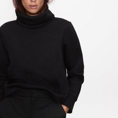 You Cannot Go Wrong With A Black Outfit... Top So Cozy And Warm! Love Loose High Neckline Oversized Cozy Workwear Tops, Black Cozy Funnel Neck Top, Cozy Black Funnel Neck Top, Black Funnel Neck Sweatshirt For Fall, Black Relaxed Fit Cozy Top, Black Cozy Relaxed Fit Top, Black Relaxed Fit Turtleneck Sweater, Casual Black Turtleneck Sweatshirt, Oversized Black Funnel Neck Tops