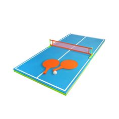 an image of a ping pong table with racket and ball on it's side