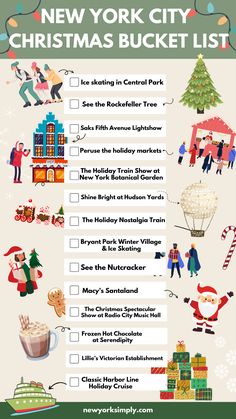 the new york city christmas bucket list is shown in green and white with santa claus