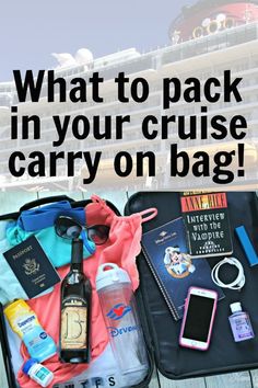 an open suitcase sitting on top of a wooden floor with the words what to pack in your cruise carry on bag