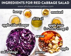 ingredients for red cabbage salad in bowls on a white table top with text overlay